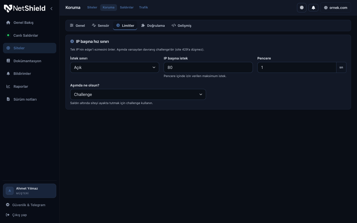 Rate Limiting sınır ve aksiyon ayarları