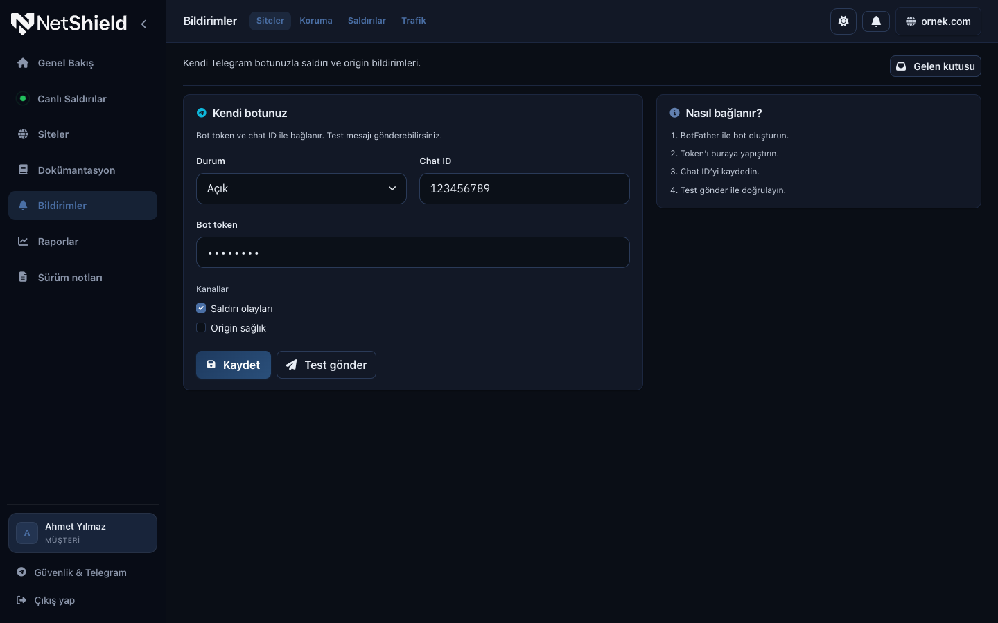 E-posta ve Telegram bildirim ayarları